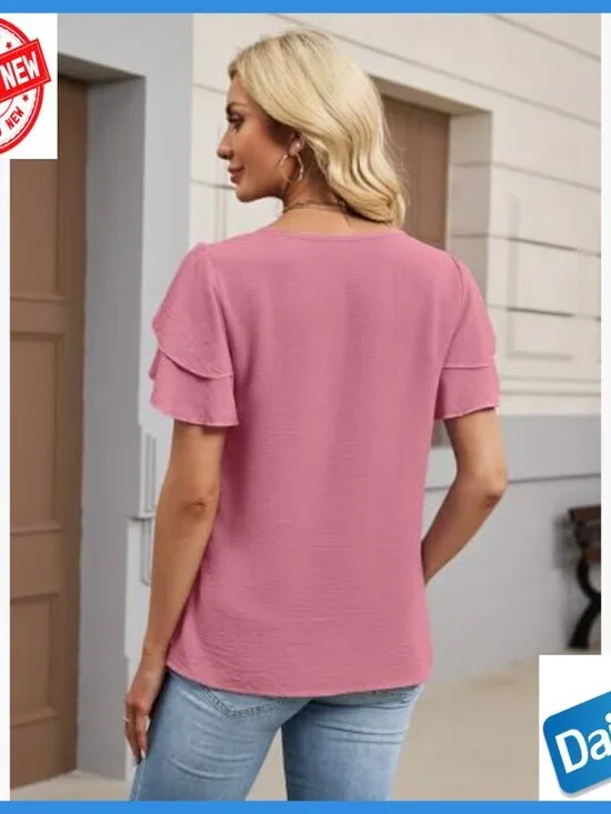 Textured Ruffle Sleeve V-Neck Blouse, Loose Fit Polyester Top for Work Casual - Picture 6 of 7